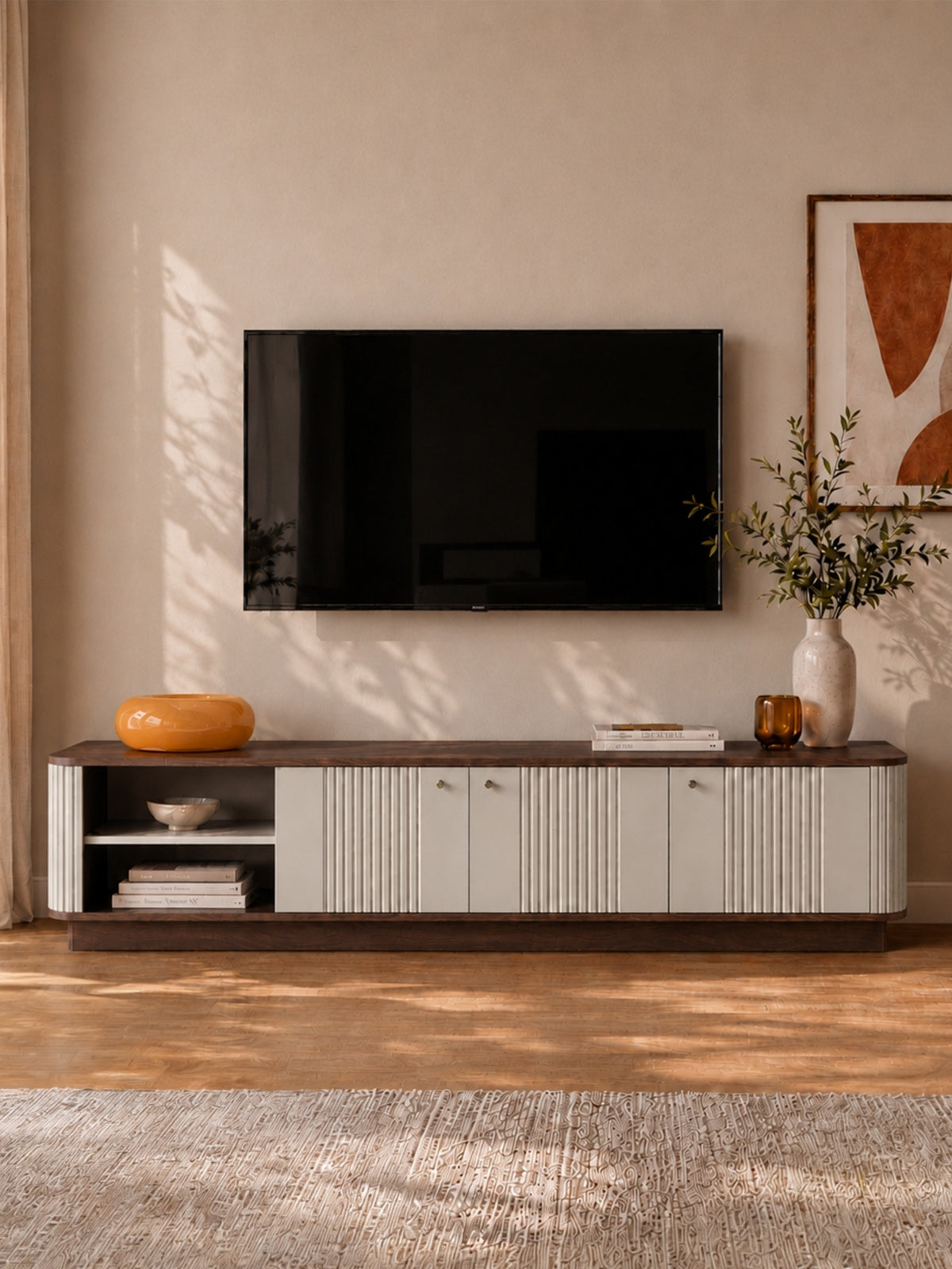 Vesper 4D TV szekrény 187 cm-es lábazaton, kasmír színben, dió és fekete fogantyúk