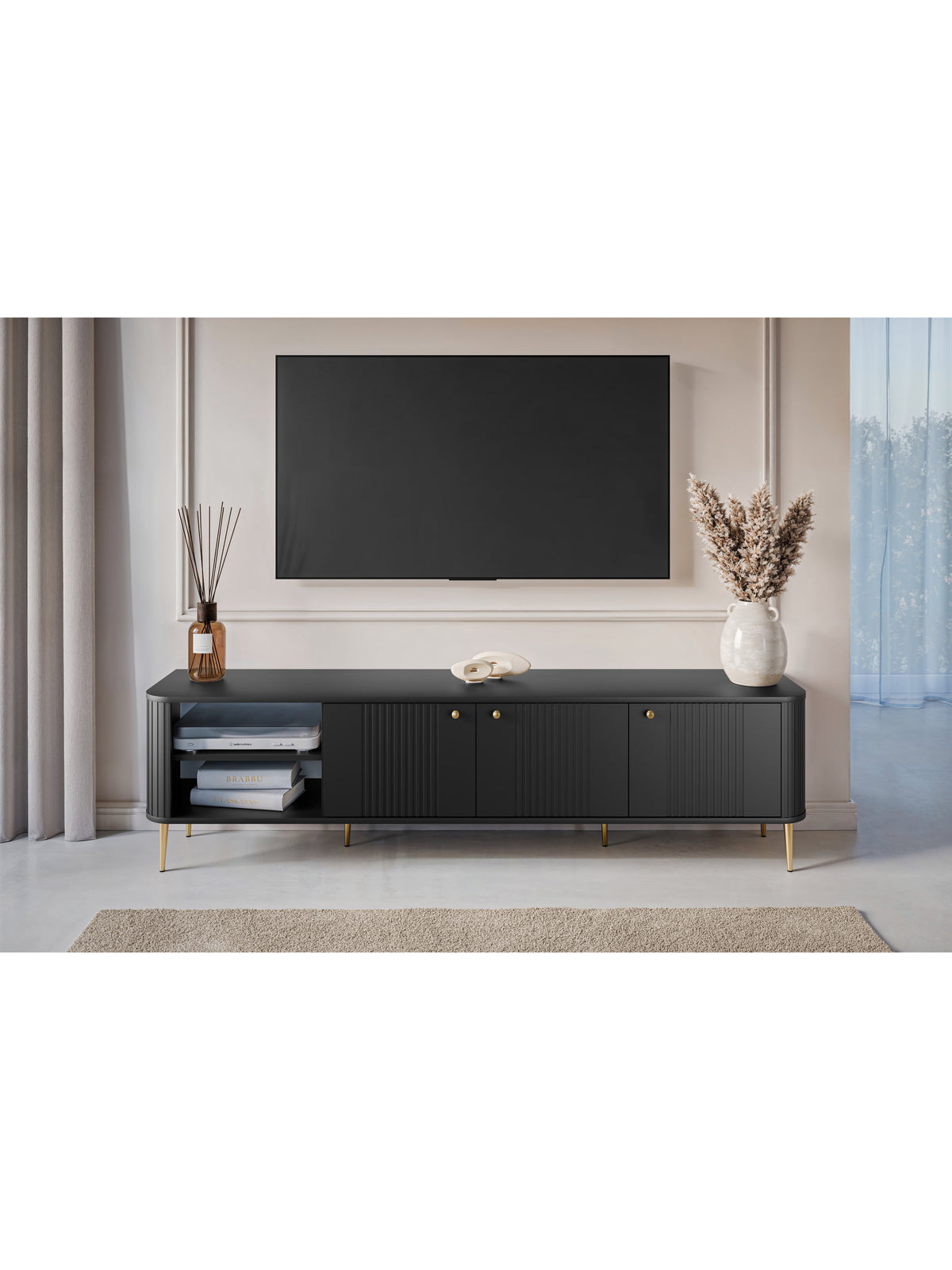 Szafka RTV Vesper 3D 187 cm czarna mat z ryflowanym frontem i złotymi nogami