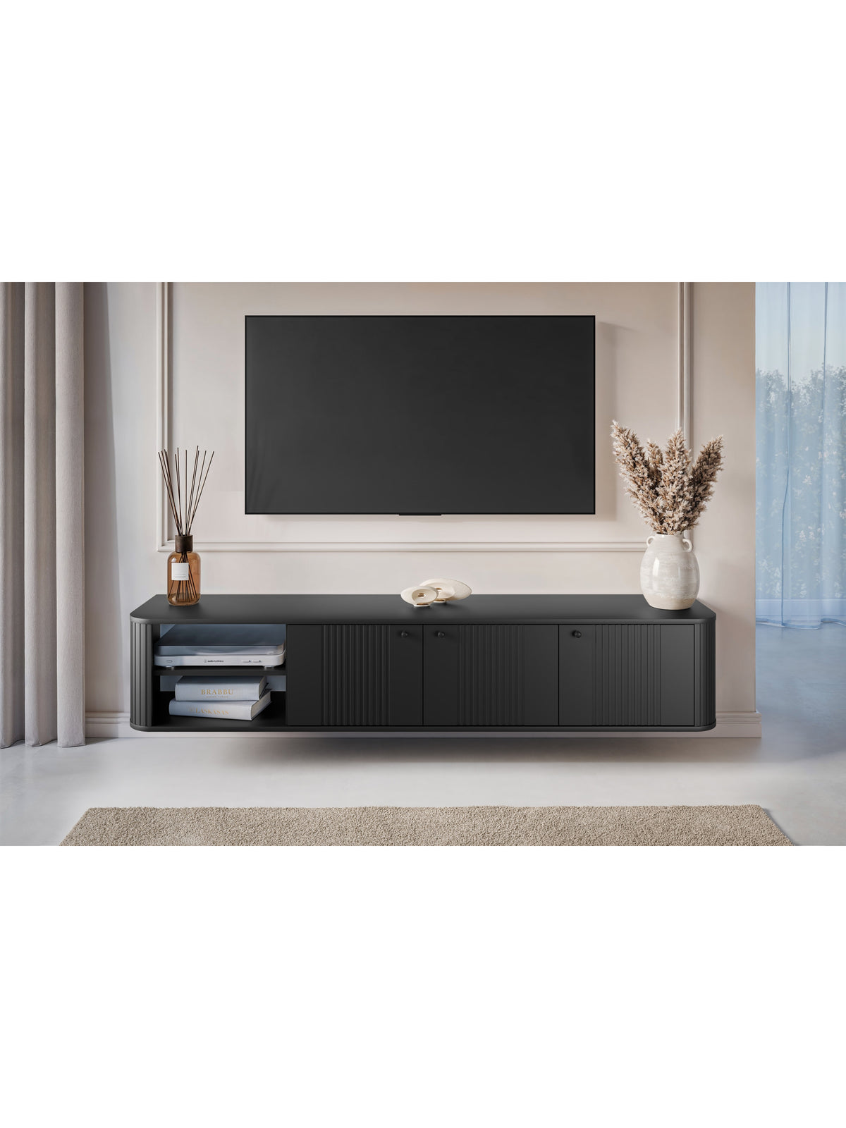 Fekete Vesper 187 cm háromajtós falra szerelhető TV szekrény bordázott fronttal