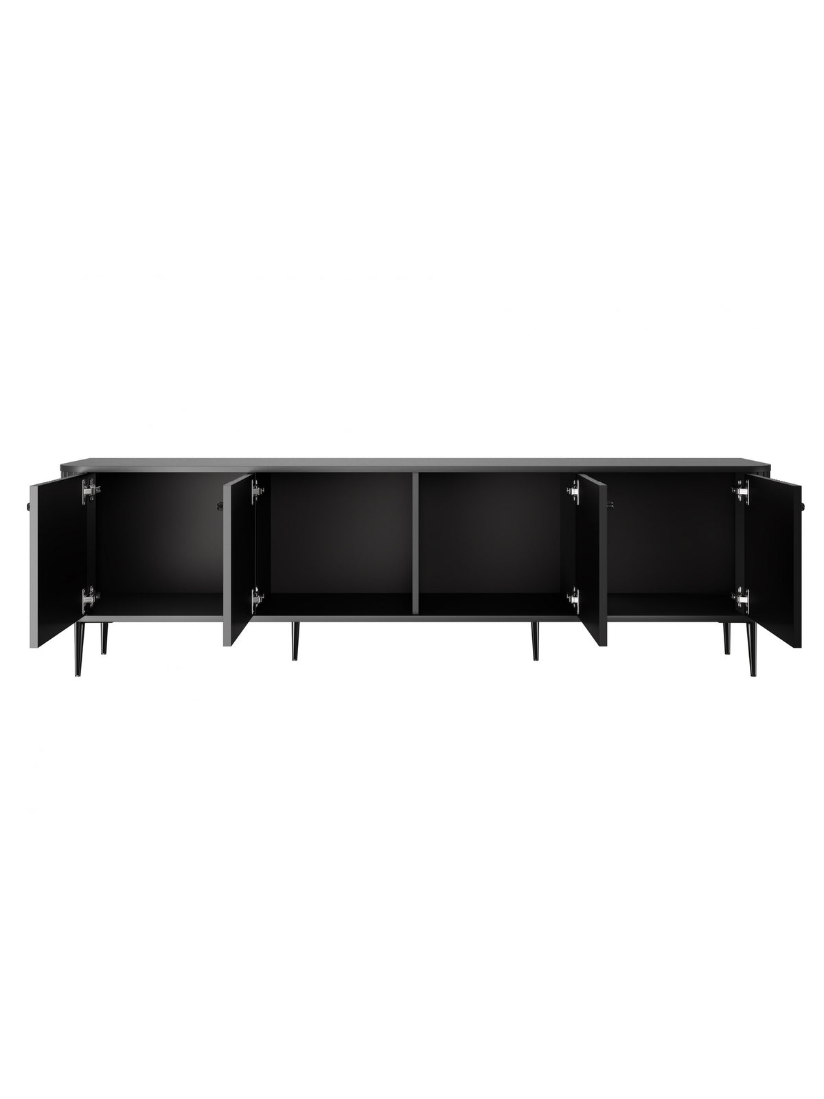 Fekete Vesper 4D TV-szekrény fényes matt felületű, barázdált elülső panel fekete fém lábak nyitott ajtók
