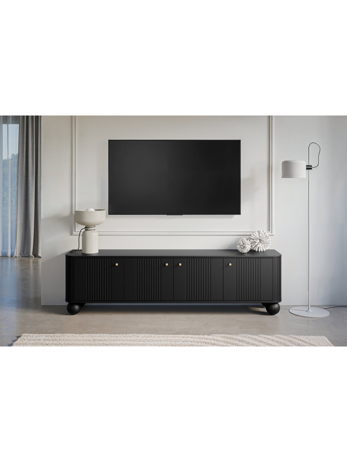 Fekete Vesper 4D TV szekrény 187 cm arany fogantyúkkal és gömb alakú lábakkal, elölnézet