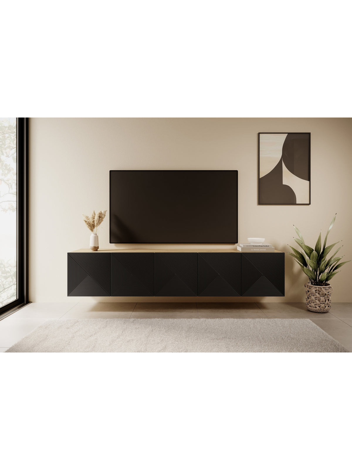 Asha 200 cm falra szerelhető TV szekrény bordázott fekete matt fronttal és artisan tölgy testtel