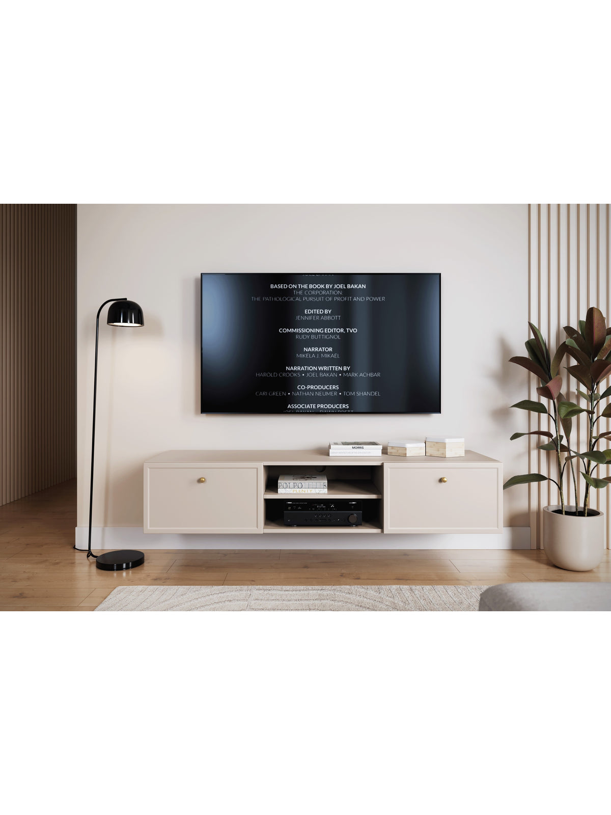 Lorini 150 cm függesztett TV szekrény kasmír színű fiókokkal és arany fogantyúkkal