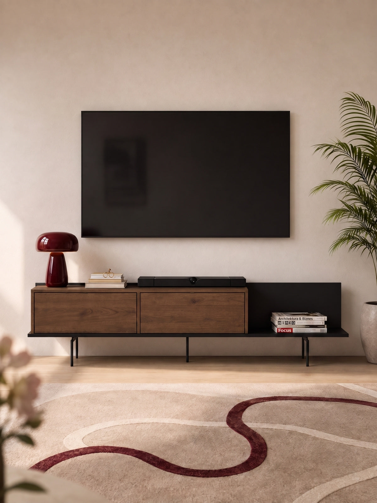 Szafka RTV Zenar 200 cm w kolorze orzech elegant z czarnymi metalowymi nogami