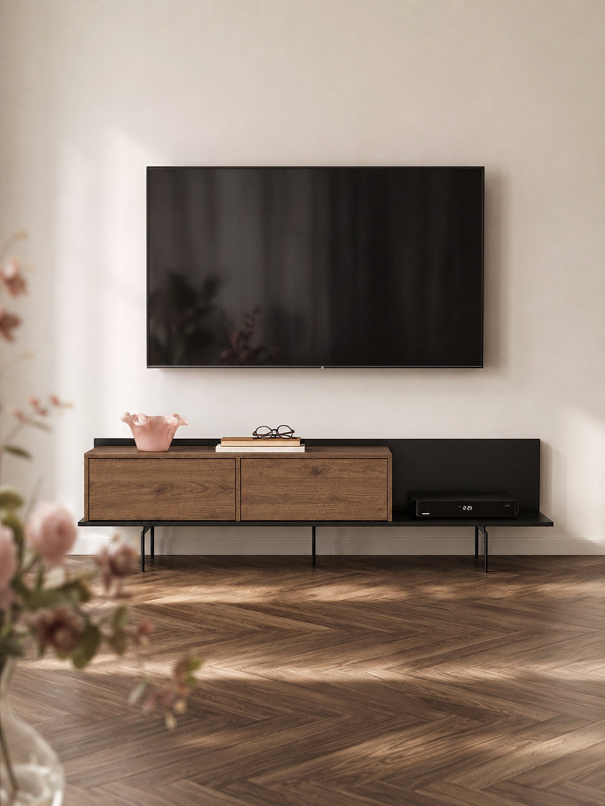 Zenar 200 cm-es TV-szekrény fém fekete lábakkal, orzech elegant elülső, modern stílus