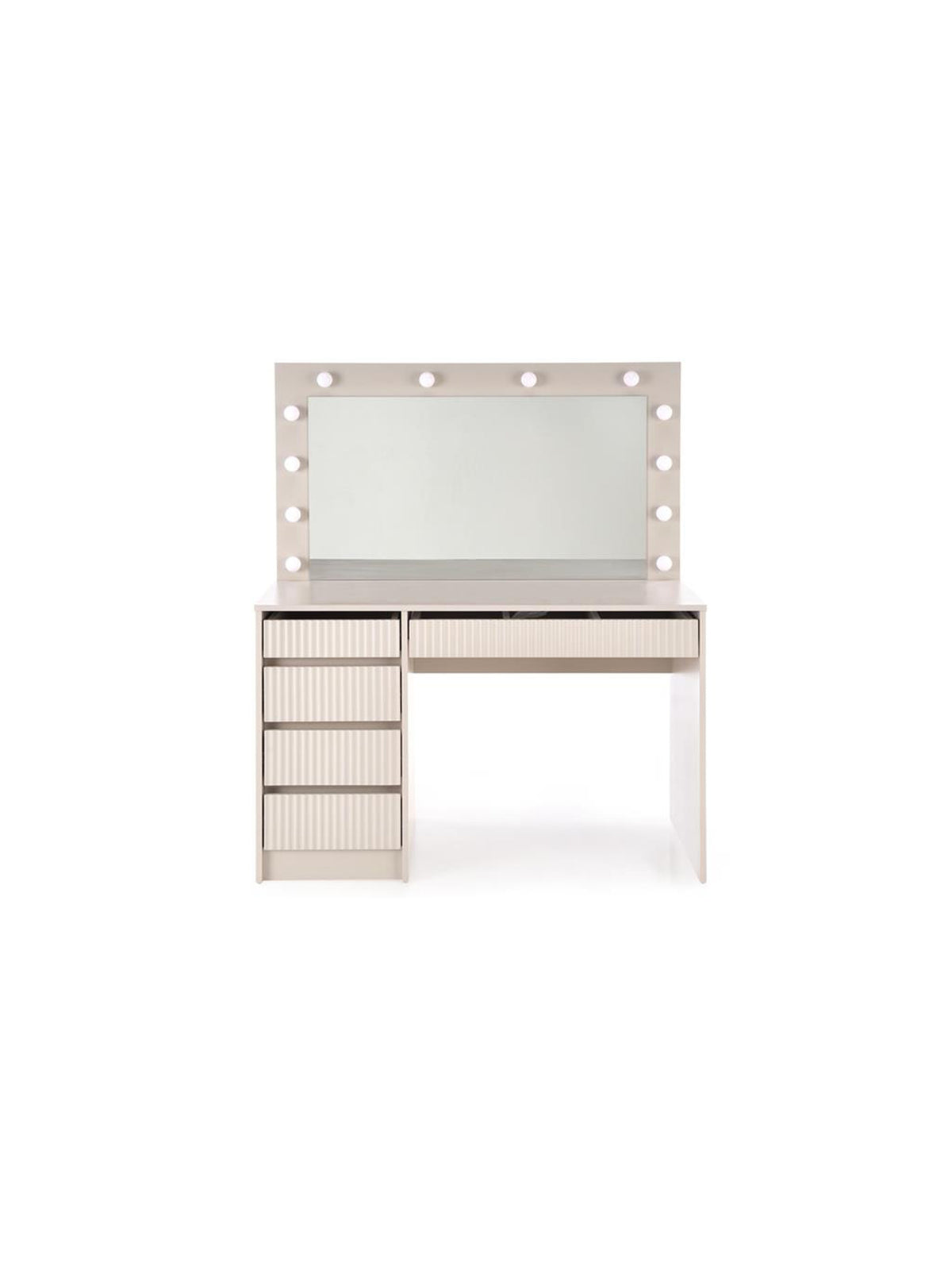 Toaletka Velinio 120 cm ryflowana kaszmir z lustrem LED i 5 szufladami