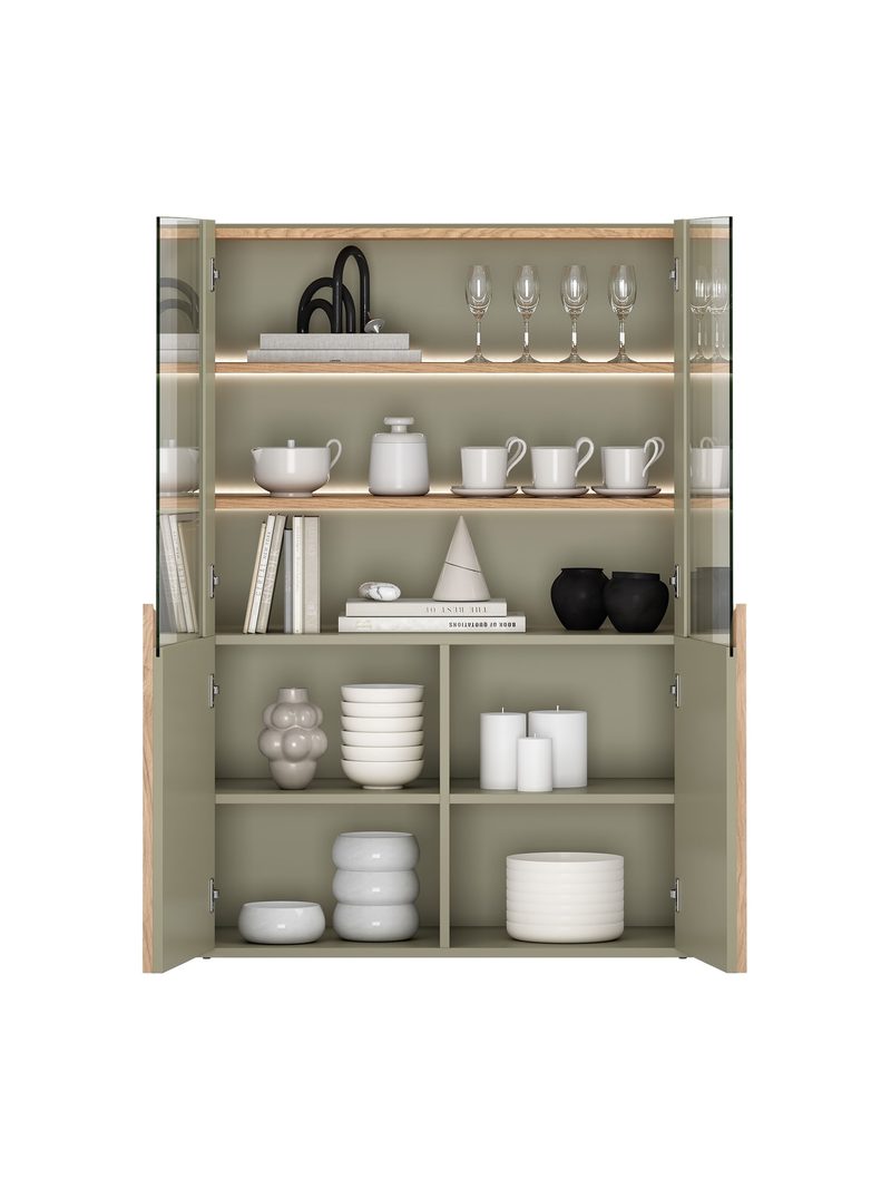 Amilio 100 cm kétszárnyú vitrines szekrény eukaliptusz színben tölgyfa munkalappal