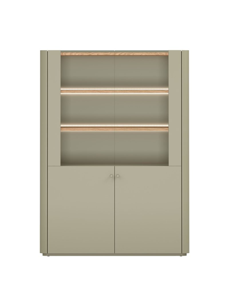 Elivo 100 cm-es kétajtós vitrines szekrény eukaliptusz színben, baltic dune tölgy asztallappal