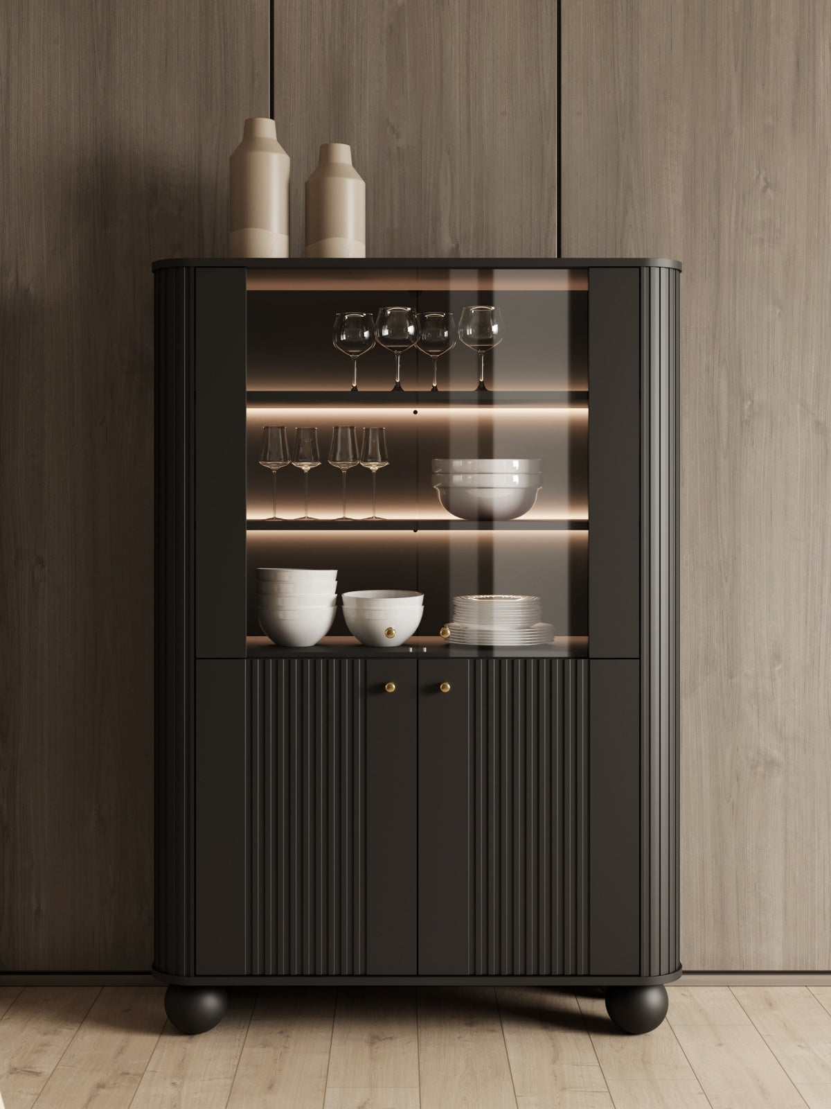 Witryna Vesper 103 cm négyajtos - fekete / zlote Fogantyúk / Lábak kule