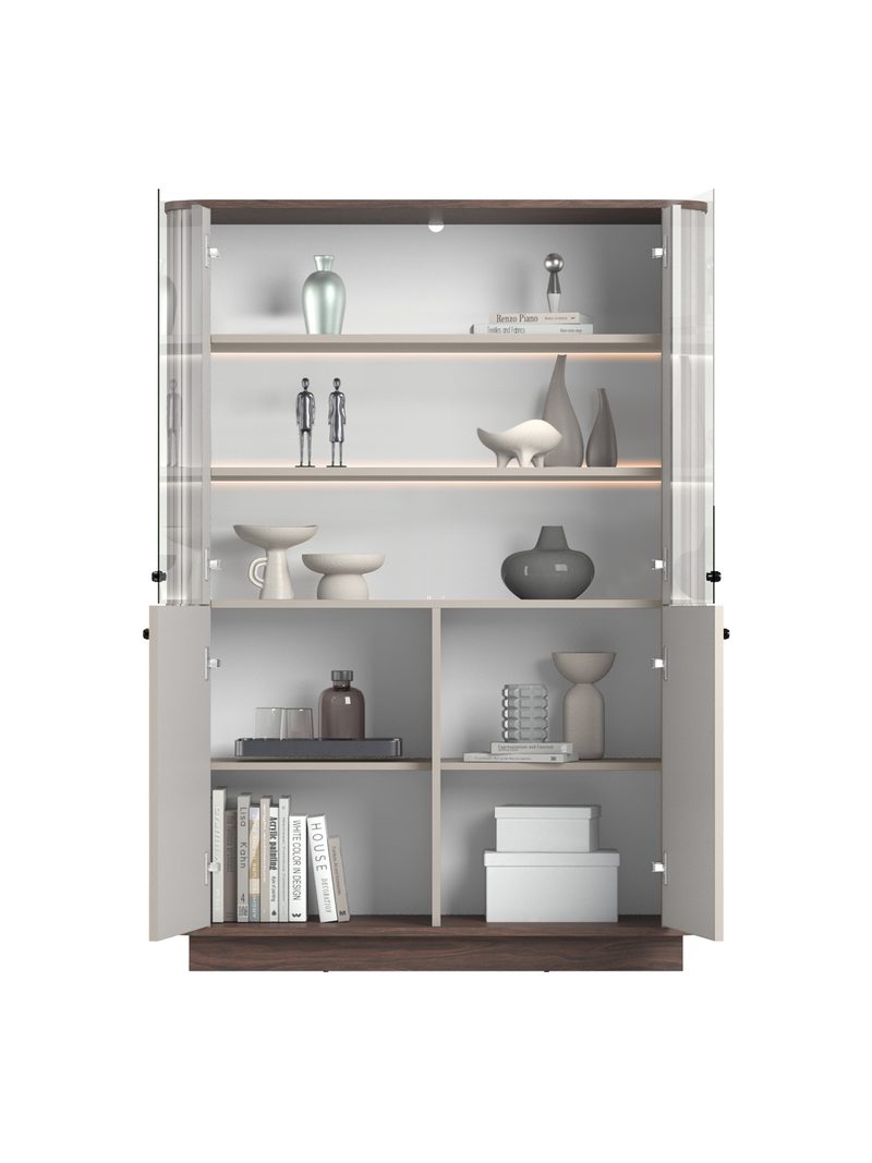 Vesper 103 cm négyajtós vitrinszekrény, kasmír és dió színű, fekete fogantyúk, világítás, bordázott front