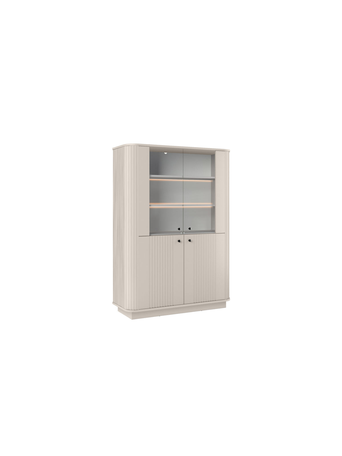 Vesper vitrines szekrény 103 cm négyajtós, kasmír színű, fekete fogantyúkkal, lábazaton