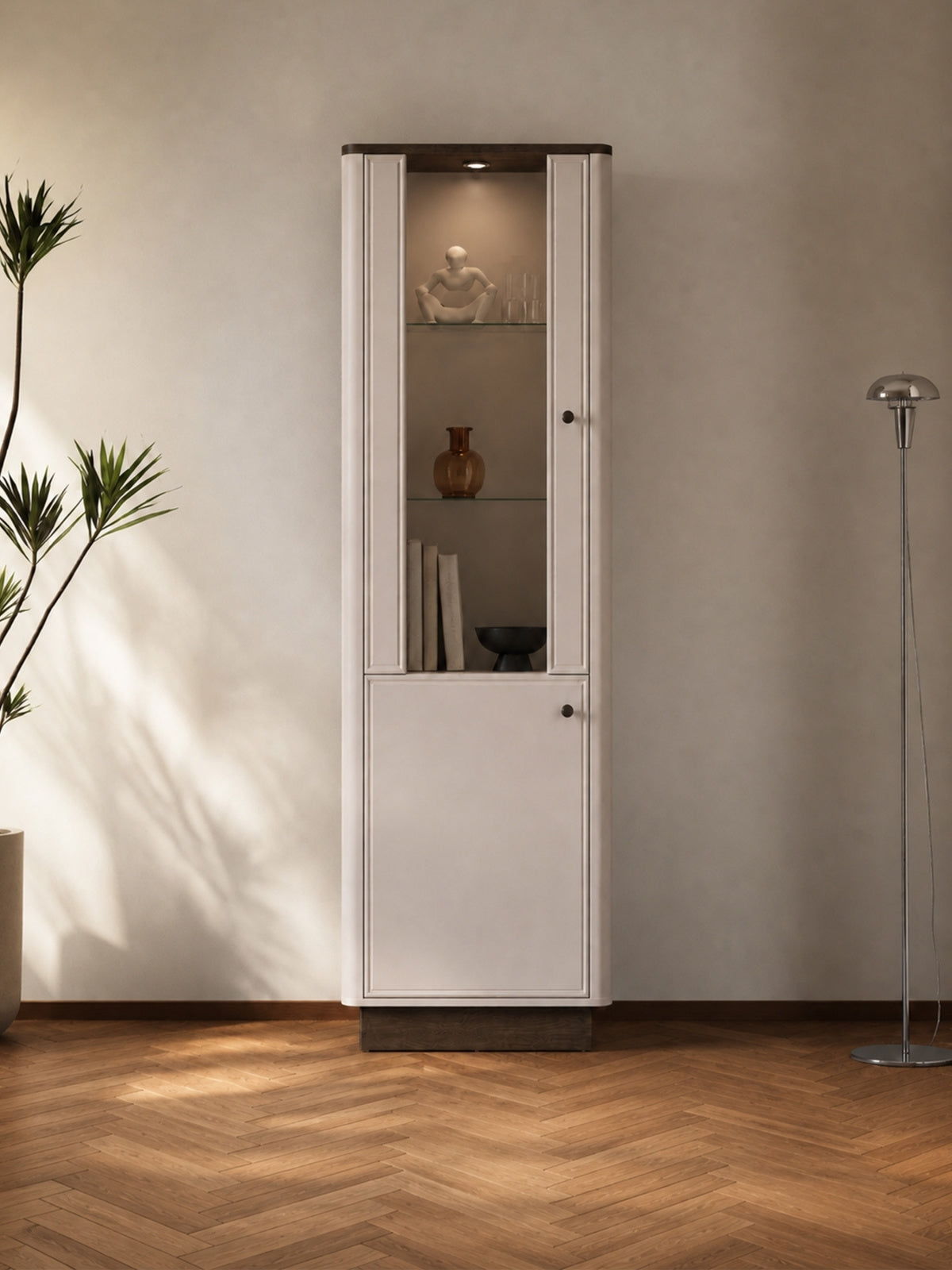Amberto magas vitrin 65 cm kasmír sötét tölgy windmill lábazattal, üvegajtókkal