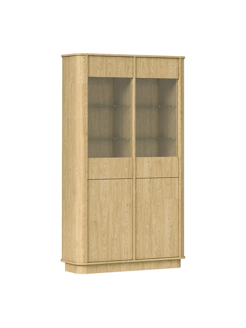 Vello magas vitrin 108 cm dąb baltic dune fa mintázattal, négyajtós, üveg előlapos