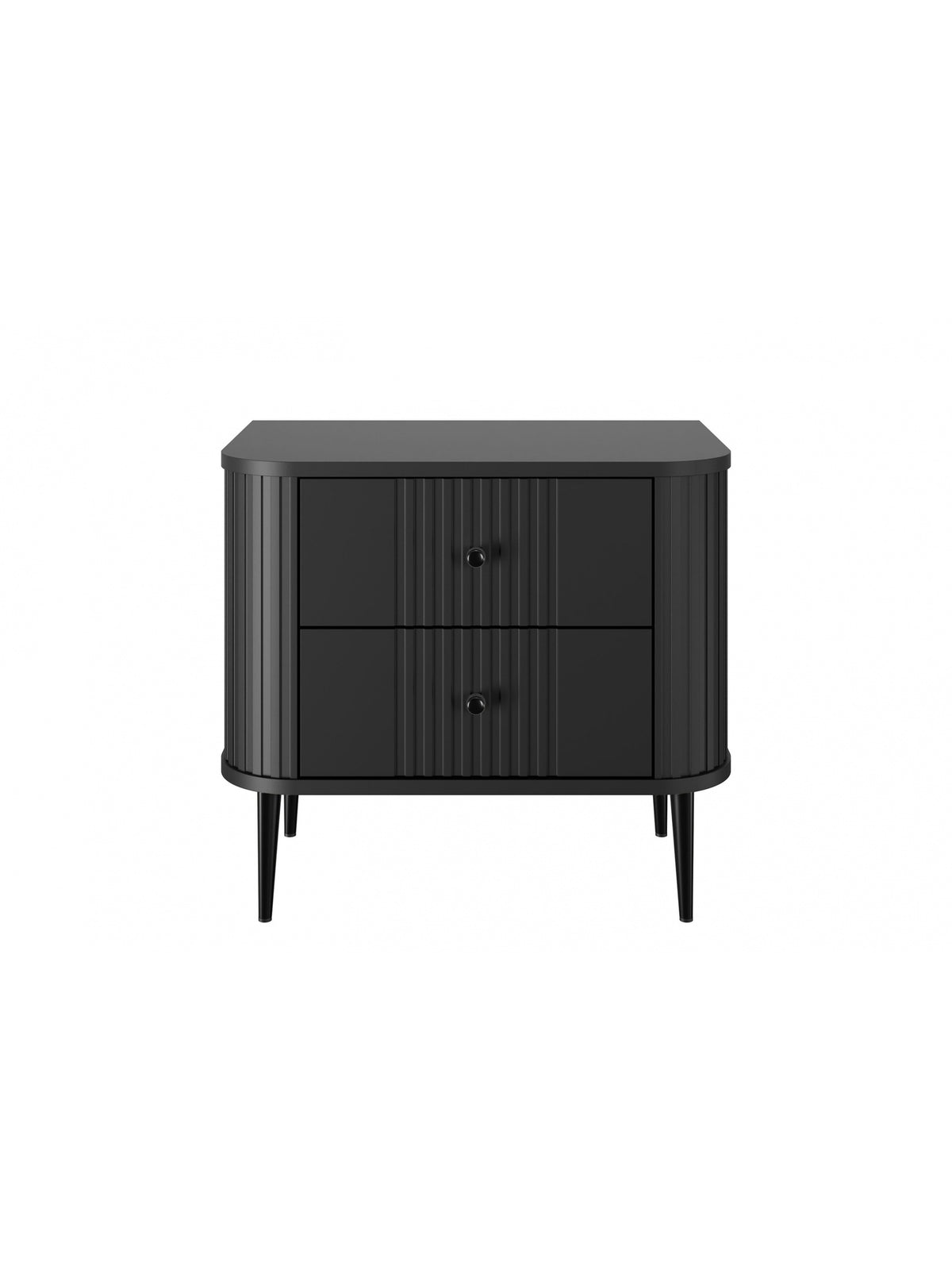Zestaw czarnych szafek nocnych Vesper 56 cm z ryflowanymi frontami i metalowymi nóżkami