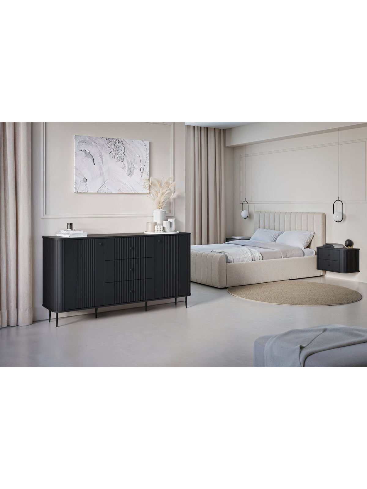 Vesper 56 cm fekete matt fali éjjeliszekrény szett fekete fogantyúkkal
