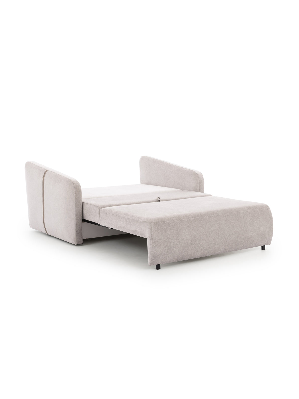 Sofa Zeldia 155 w jasnym kolorze, rozłożona z funkcją spania i czarnymi nogami