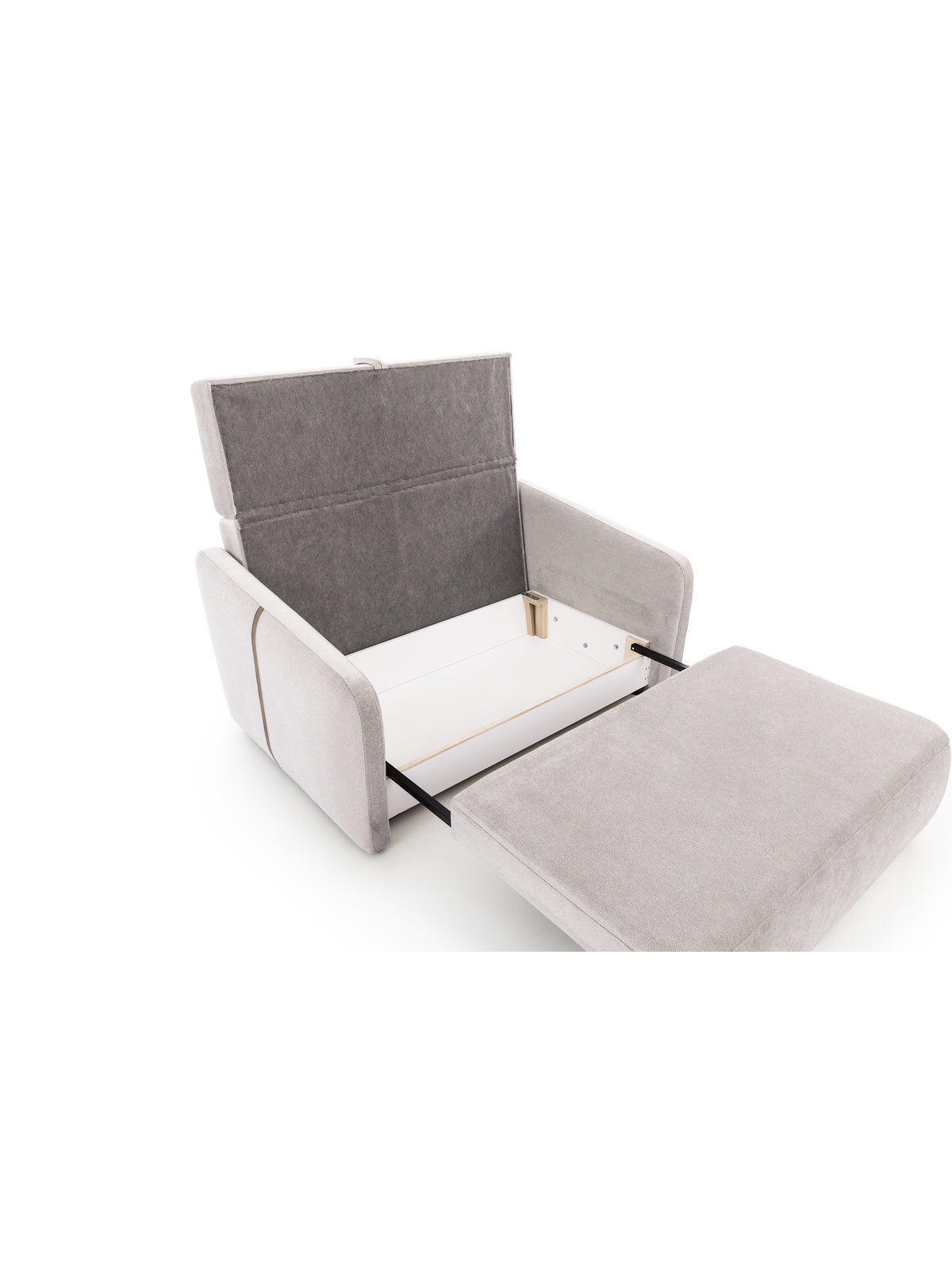 Sofa Zeldia 155 z funkcją spania w pozycji rozłożonej, szara, z czarnymi nogami