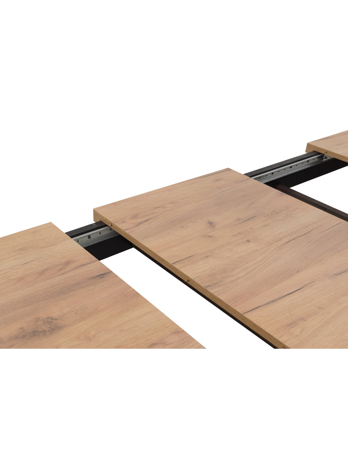 Werona 160-200x90 cm bővíthető asztal, tölgyfa asztallap fekete lábakkal, bővítési mechanizmus részlettel