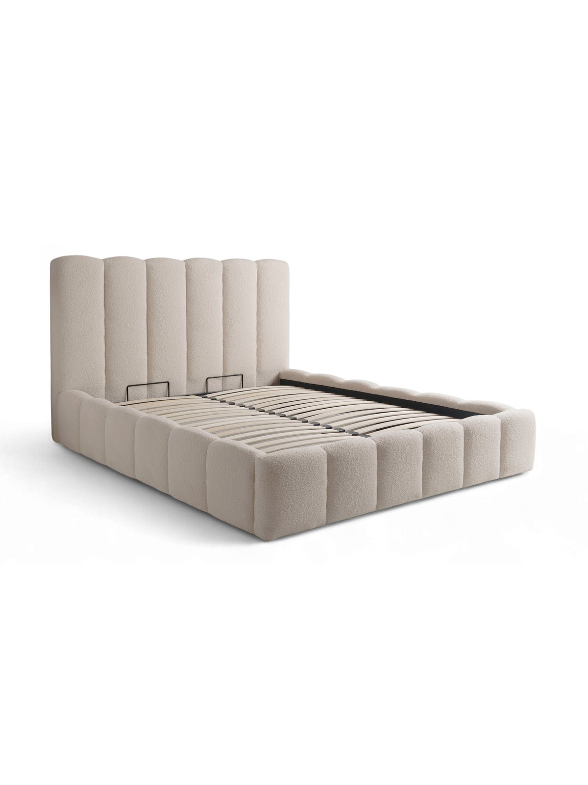 Aura 160x200 bézs kárpitozott ágy tárolóval és magas steppelt fejtámlával
