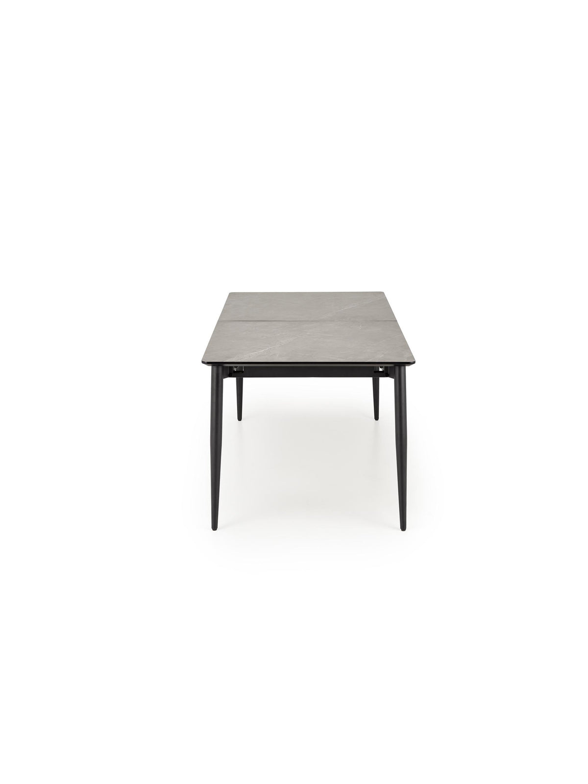 Forge 180-260x90 cm-es kihúzható asztal szürke márványmintás lappal és fekete lábakkal, felülnézet
