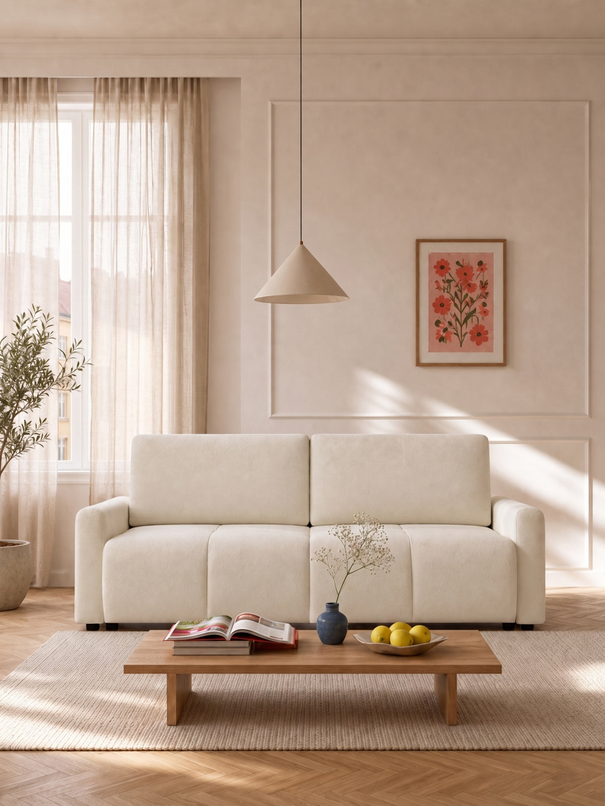 Kanapa Velaro z funkcją spania w jasnym kolorze, nowoczesny design, trzyosobowa sofa