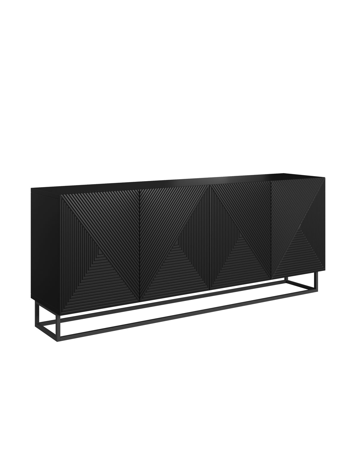 Komoda Asha 200 cm czterodrzwiowa czarny mat z czarnym stelażem, ryflowany front