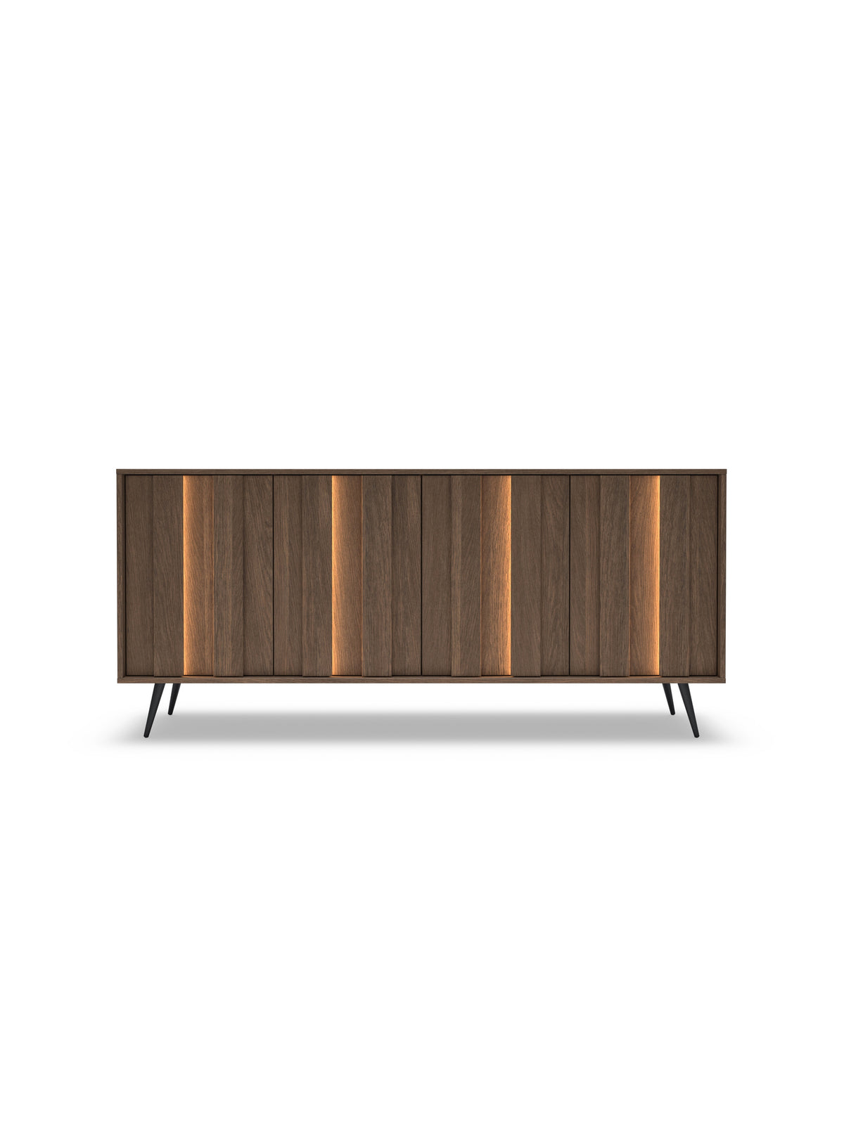 Flaro 183 cm komód LED világítással, dunin tölgy szín, fekete fém lábak, modern stílus