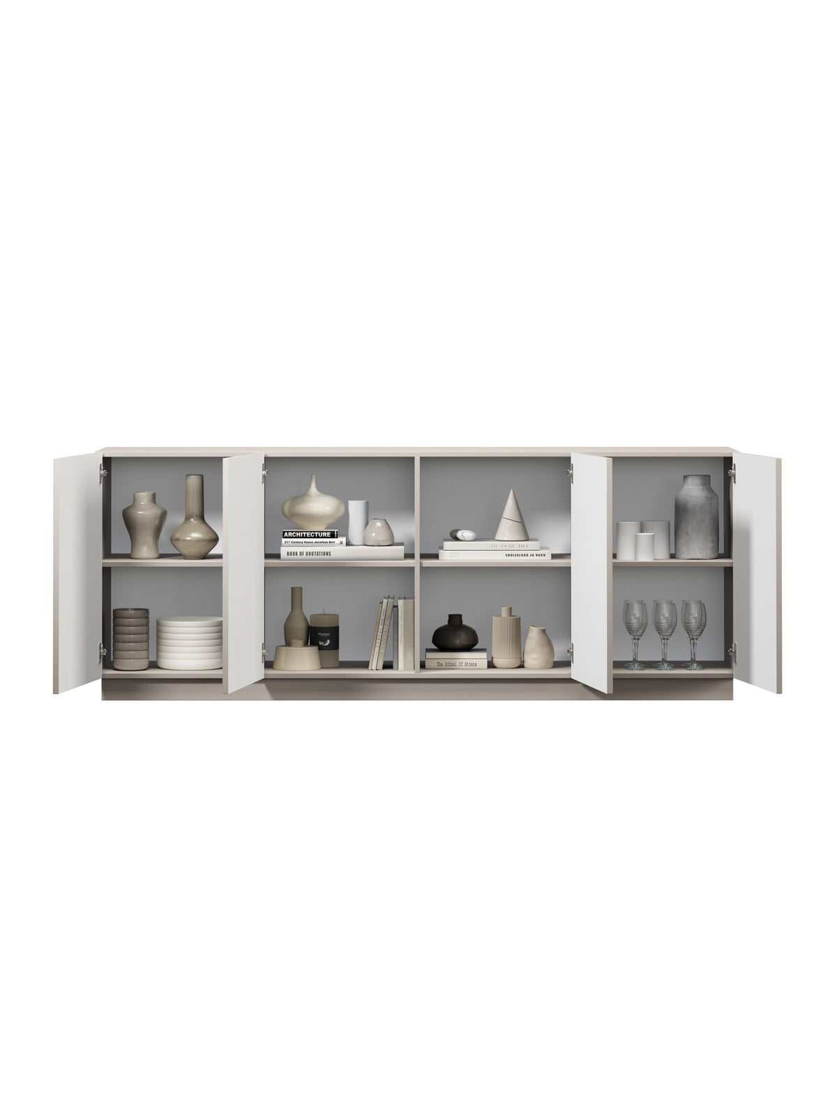 Komoda Lorini 200 cm czterodrzwiowa kaszmir z czarnymi uchwytami T-bar, otwarte drzwi
