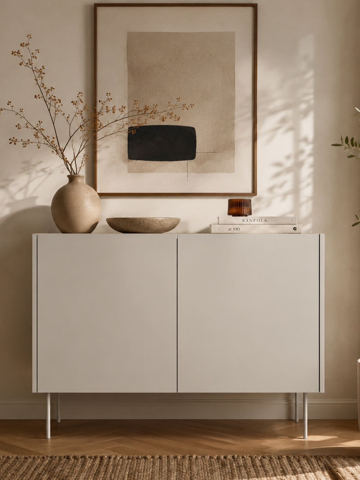 Desin 120 cm kétszárnyú komód kasmírszínű testtel és Nagano tölgy tetejével, modern stílus