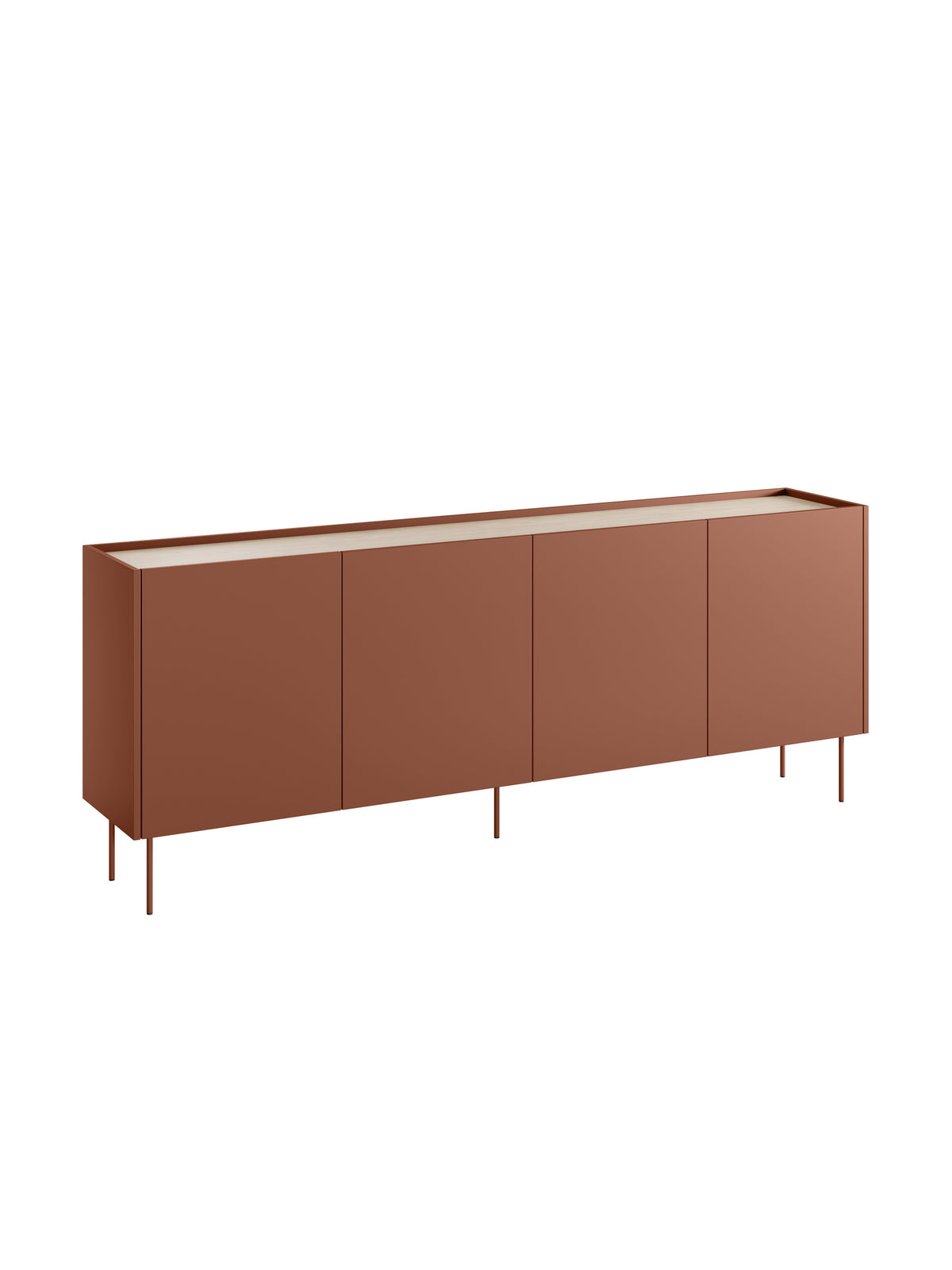 Komoda Desin 220 cm négyajtós ceramic red színben, Nagano tölgy lapra szerelve