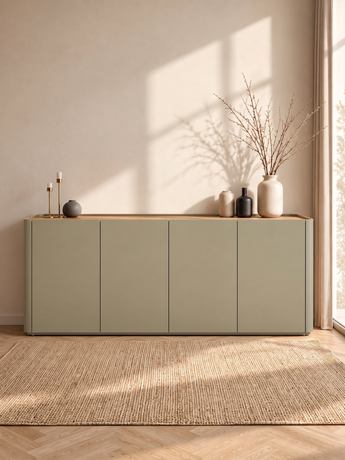Elivo 200 cm négyajtós komód olíva színben, dąb baltic dune lap