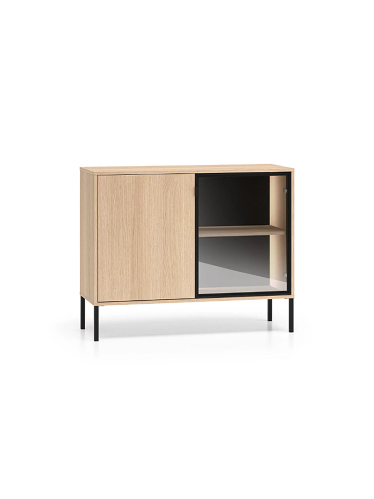Komoda Harmona 107 cm kétszárnyú LED világítással, dąb lindberg, fekete lábak