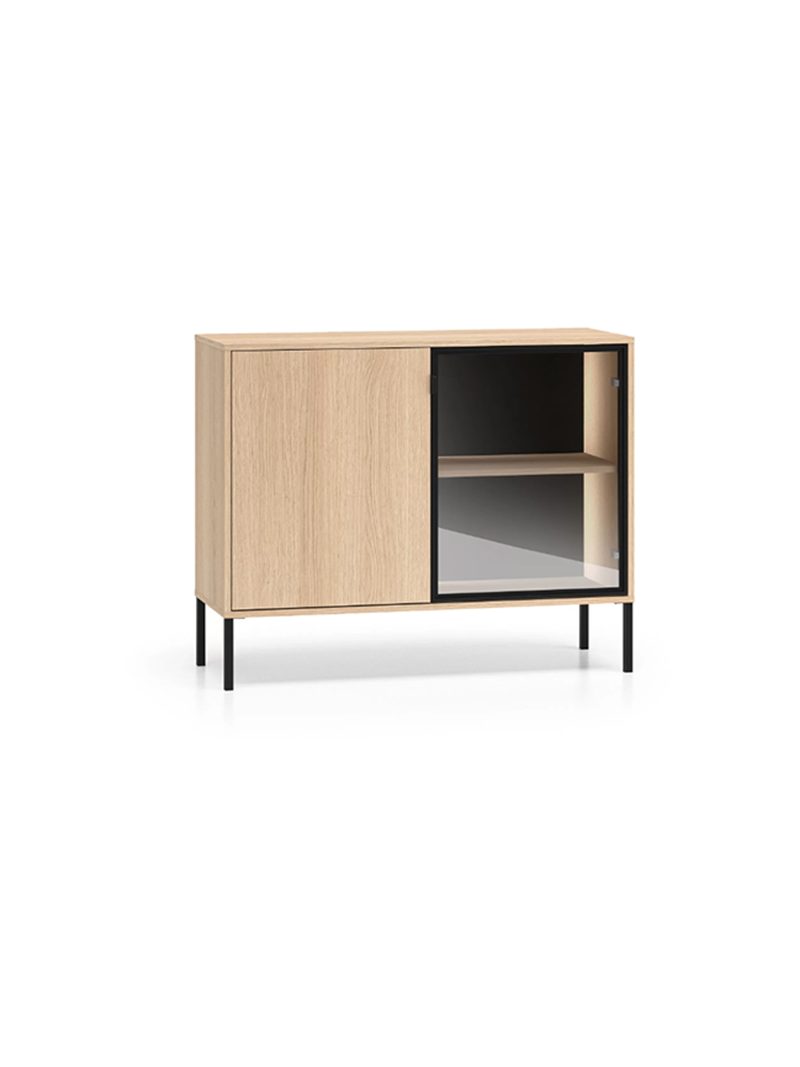 Komoda Harmona 107 cm kétszárnyú LED világítással, dąb lindberg, fekete lábak