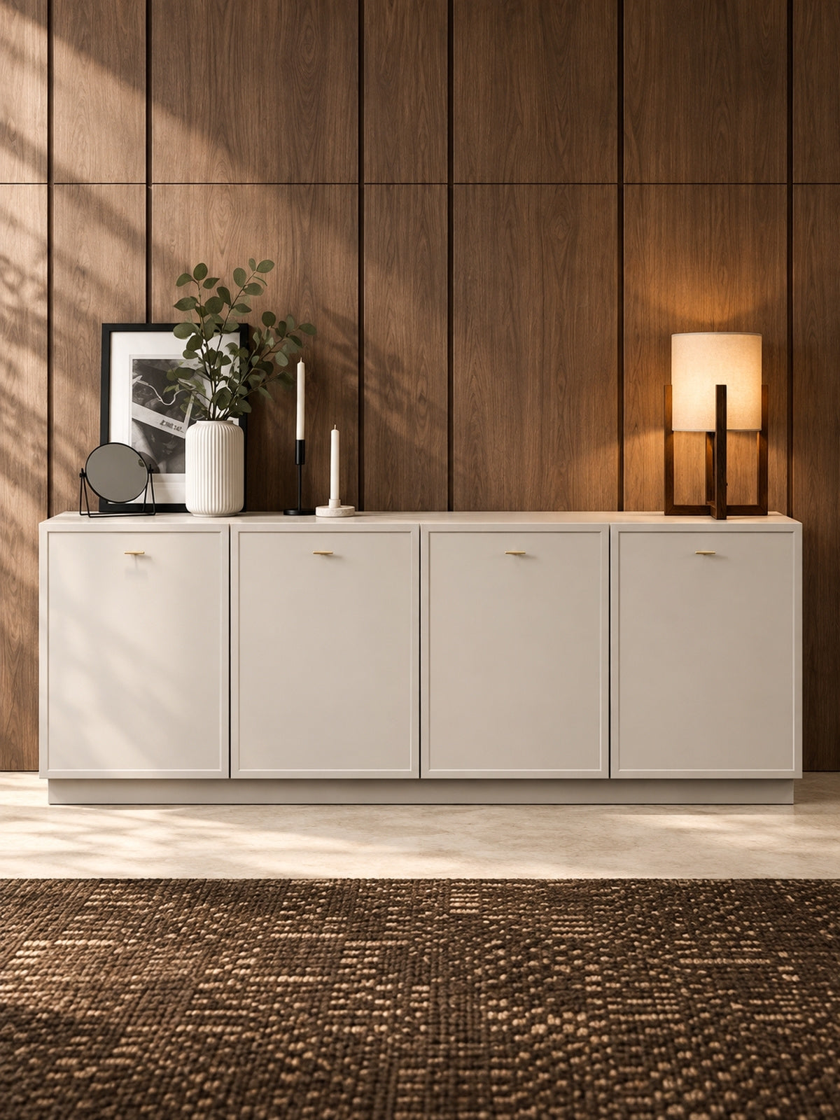 Komoda wisząca Lorini 200 cm czterodrzwiowa - kaszmir / złote uchwyty T-bar