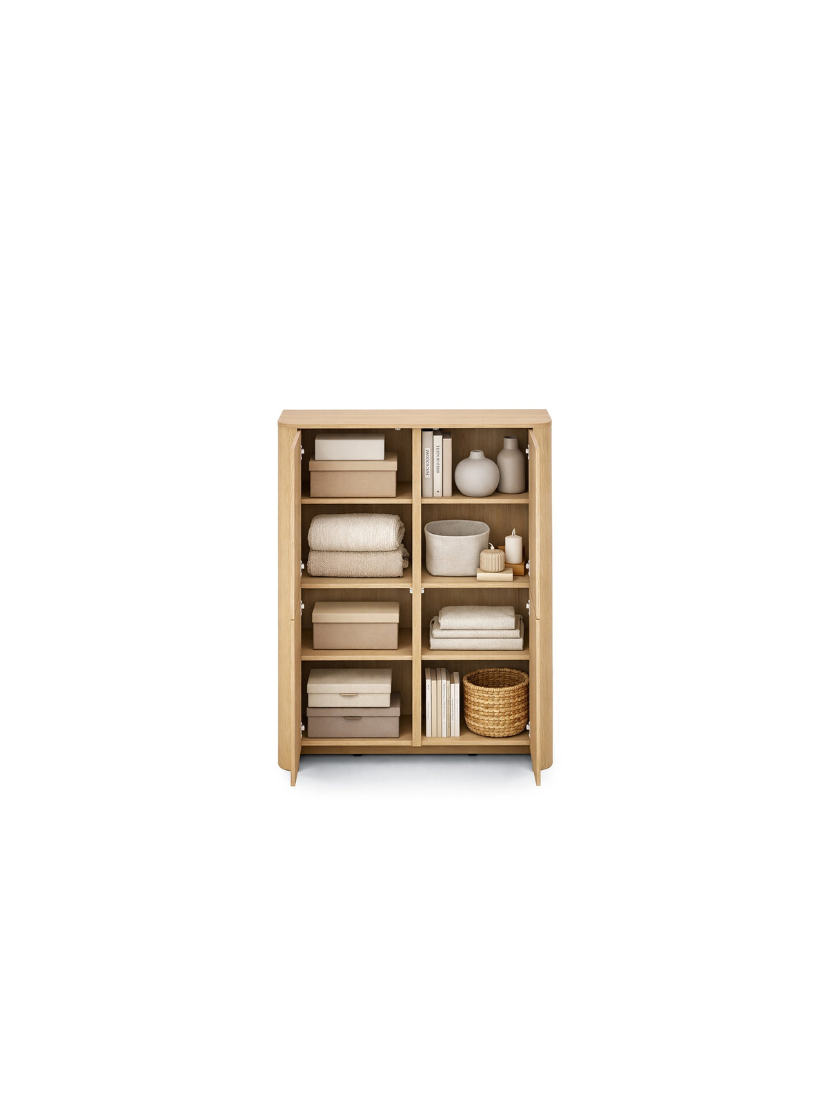 Wysoka komoda Sorrenti 103 cm z dębu vicenza, 2 drzwi, 4 półki, jasne drewno