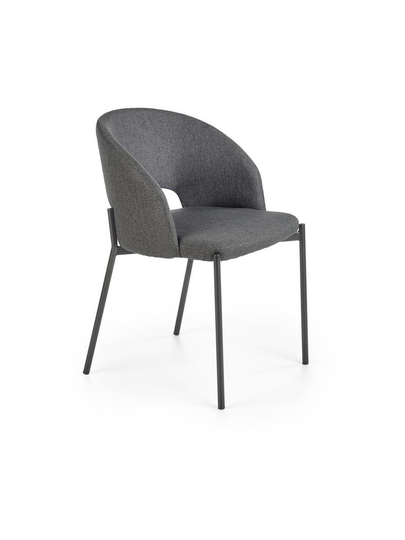 Kalios szürke kárpitozott szék fekete fém lábakkal fehér háttér előtt