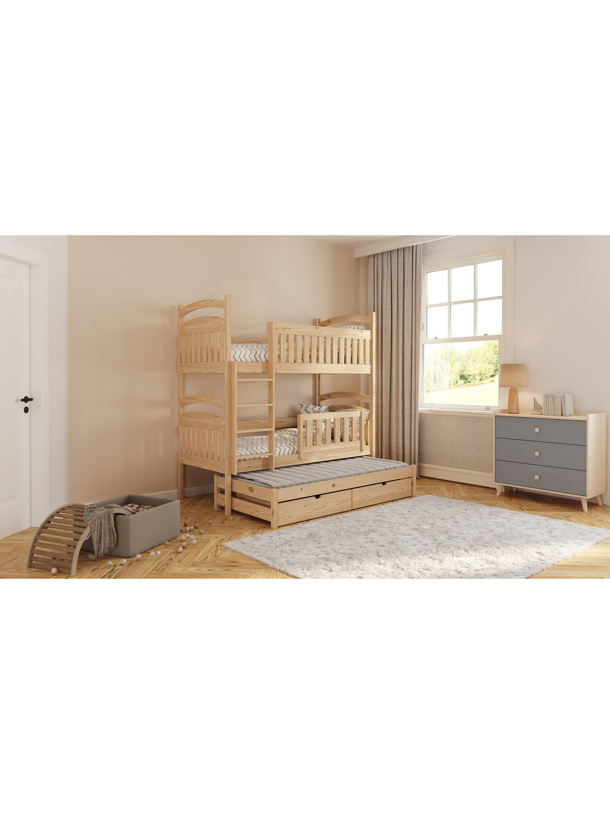 Amely gyermek emeletes ágy 90x180 tömör fenyő, kihúzható ágyrésszel