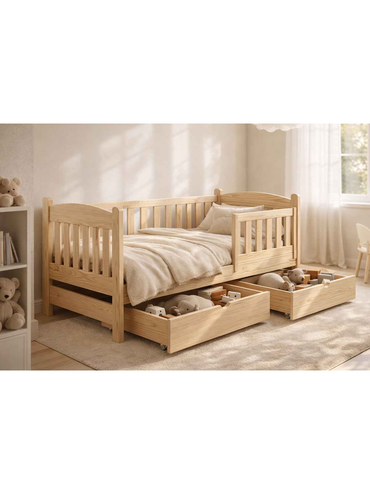 Alvins gyerekágy 70x140 fenyő fiókokkal és leesésgátlóval fényes szobában