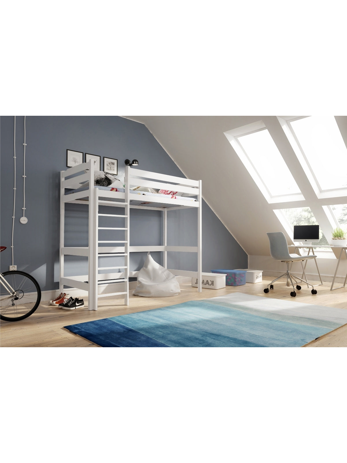 Łóżko dziecięce Samio 90x190 antresola w stylu Scandi, białe drewniane