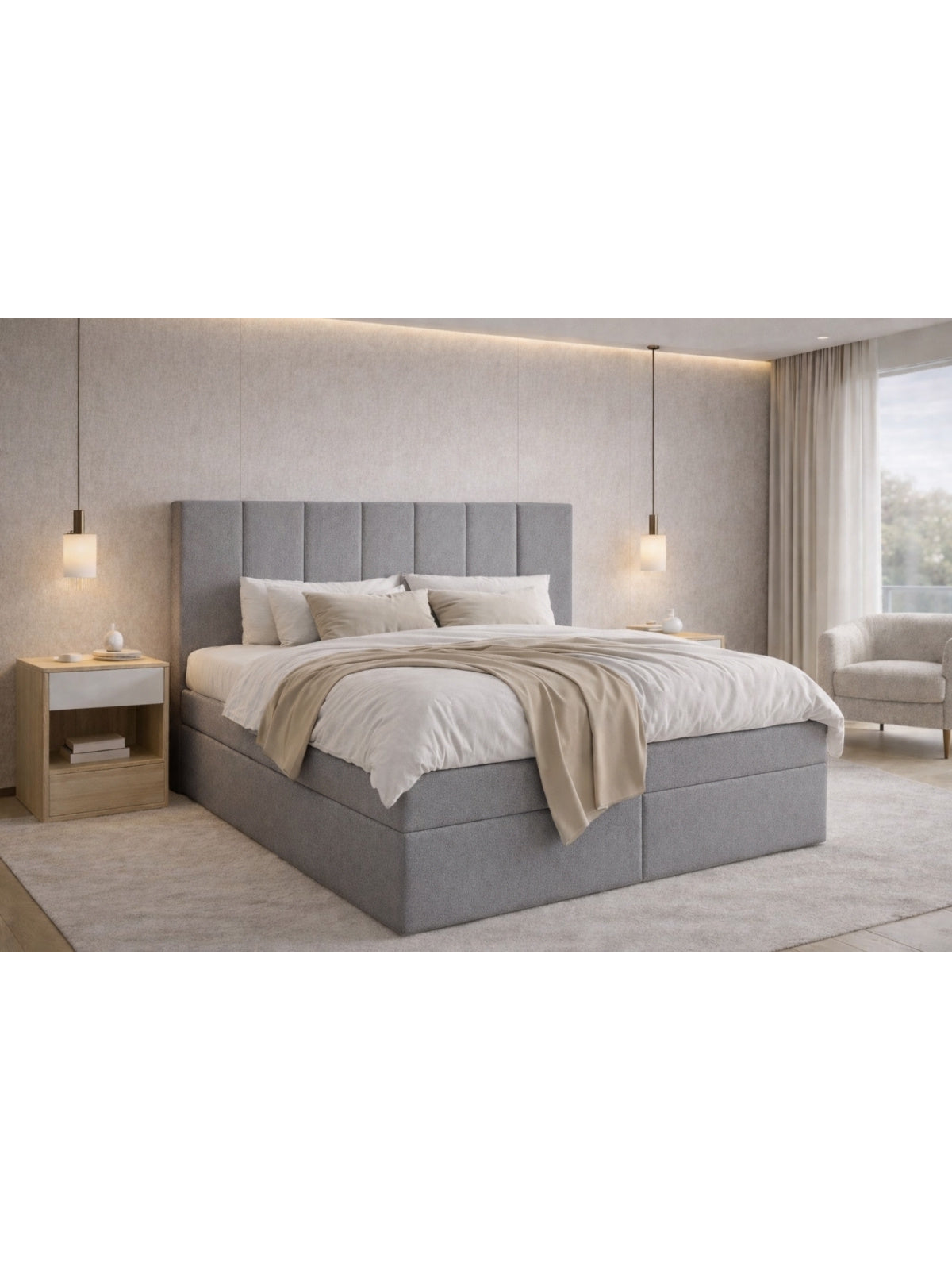 Mareli kontinens ágy 160x200 szürke boucle Quelle 83 anyaggal, tárolódobozokkal
