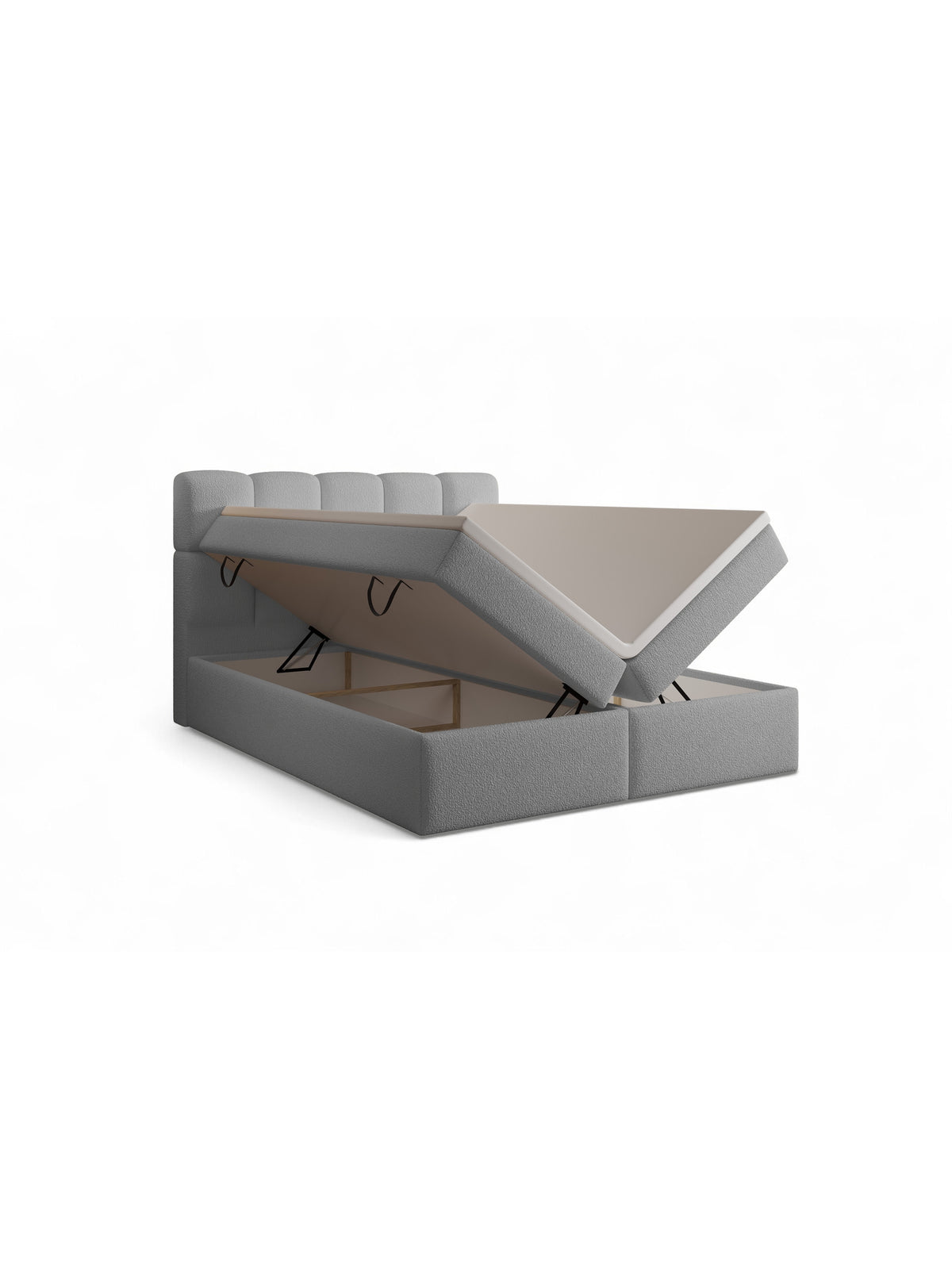 Carello 160x200 kontinentális ágy szürke boucle kárpittal, oldalsó tárolórekeszekkel