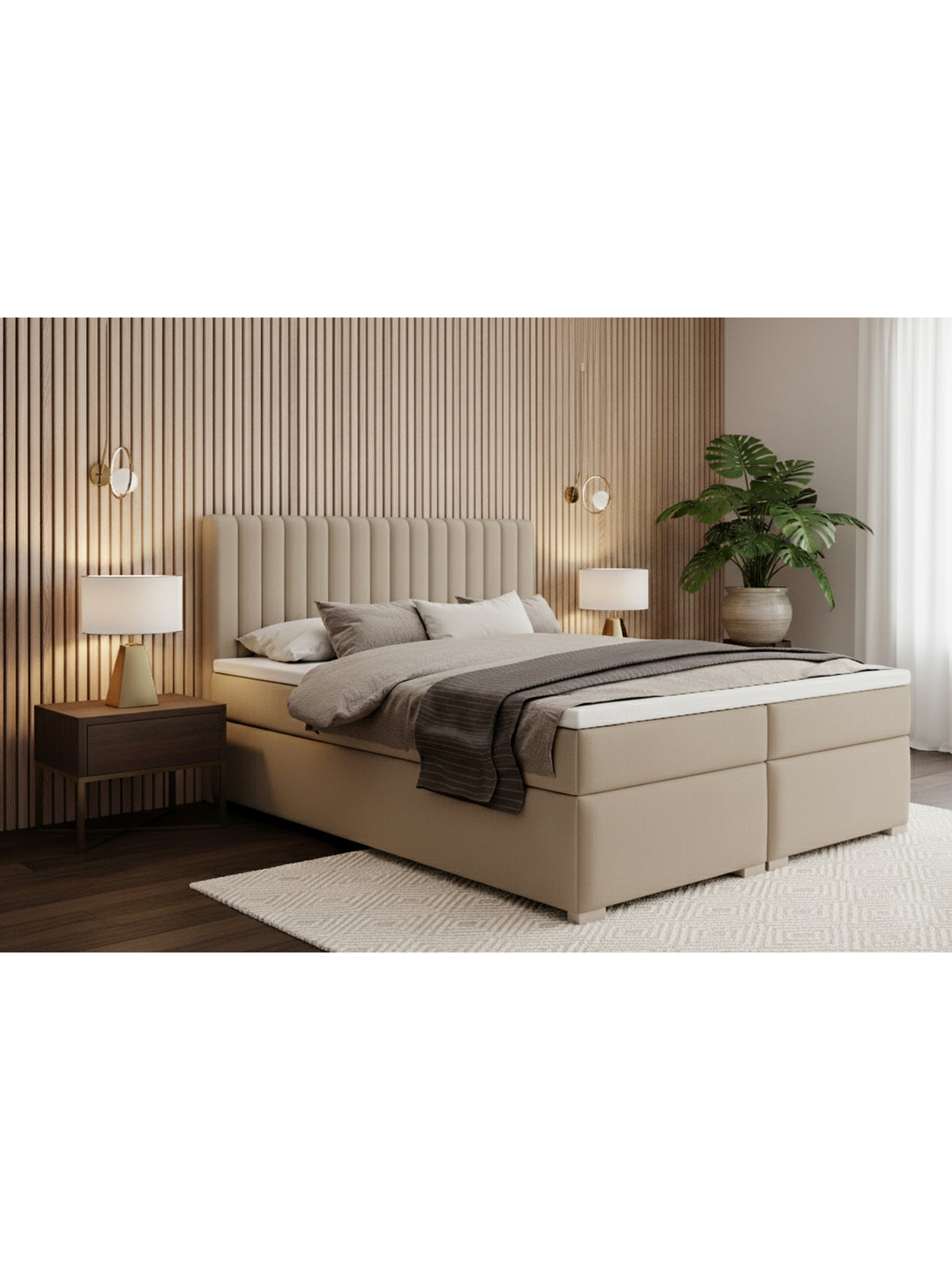 Solani 160x200 kontinens ágy bézs Castel 15 bársonnyal, tárolódobozokkal