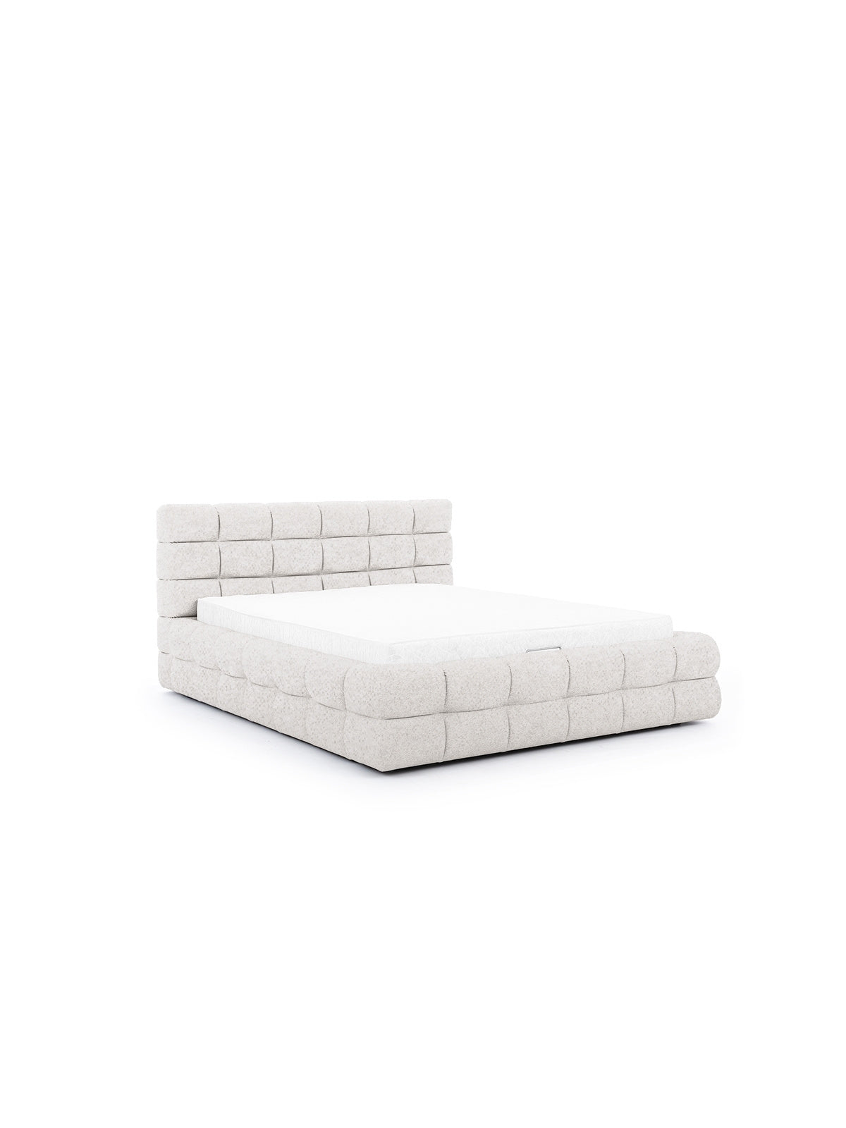 Bellmora 160x200 hálószoba ágy bézs boucle Raven 22 kárpittal és tárolóval, oldalnézet