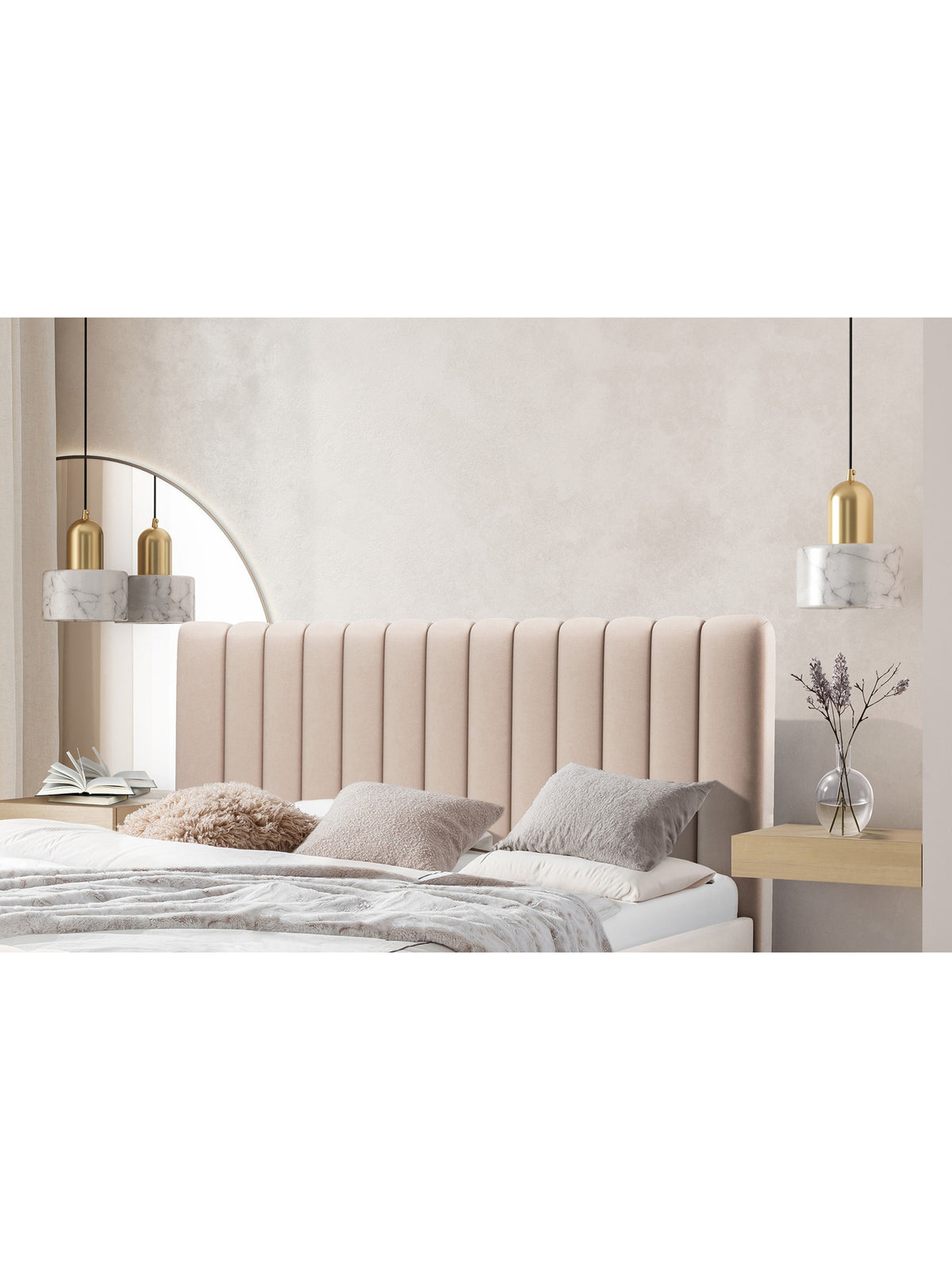 Livani 140x200 bézs Velluto 2 bársony franciaágy függőleges varrással a fejtámlán