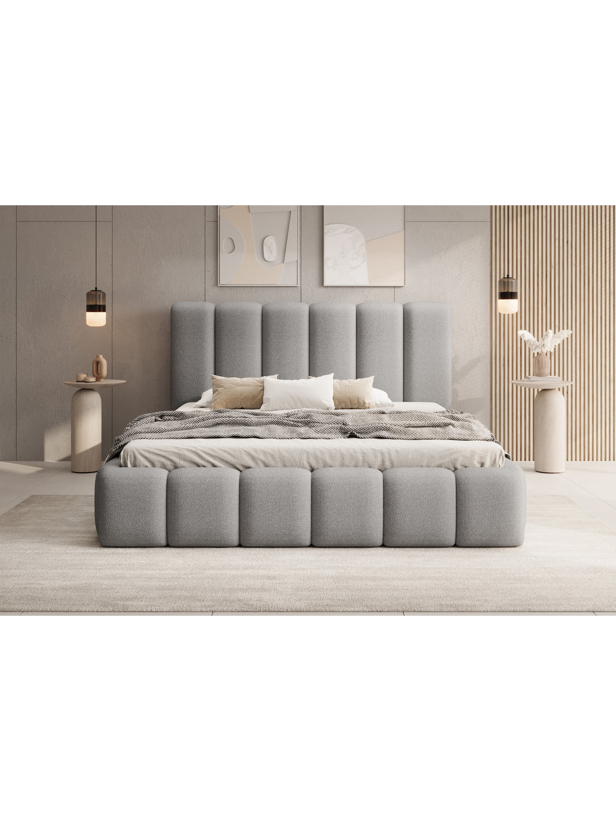 Aura 180x200 kárpitozott ágy szürke boucle anyagban, Quelle 83, tárolóval