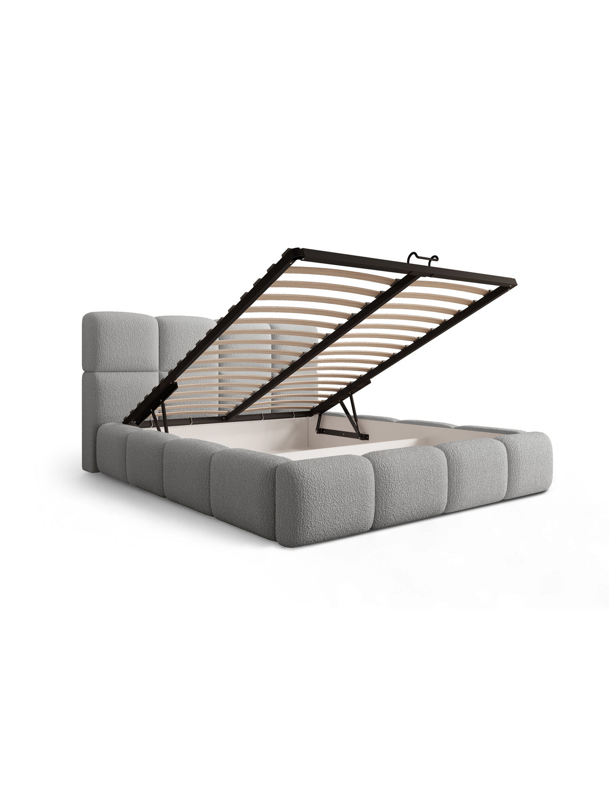 Szürke boucle Cloud 160x200 kárpitozott ágy felemelhető rácssal és tárolóval