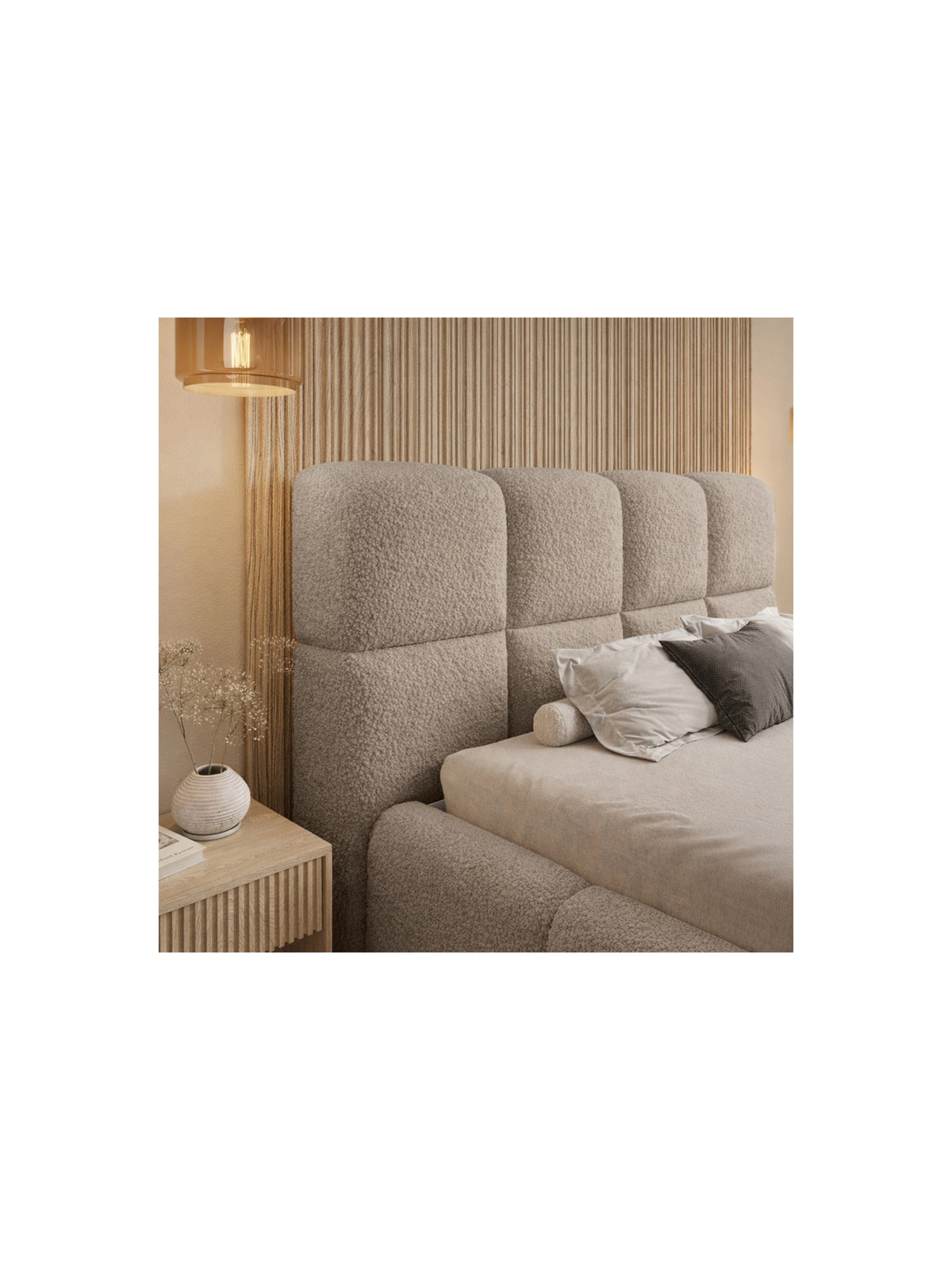 Cloud kárpitozott ágy 180x200 tárolóval, sötét bézs boucle szövet, fejtámla részlet