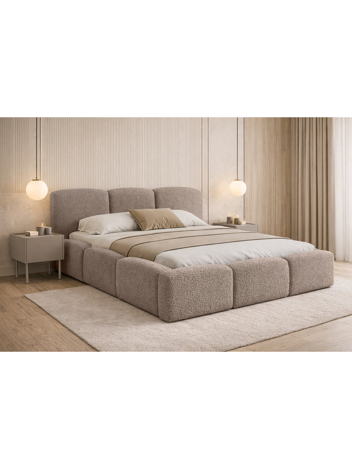 Marios 160x200 kartámlos ágy sötét bézs boucle kárpittal és tárolóval, elölről nézve