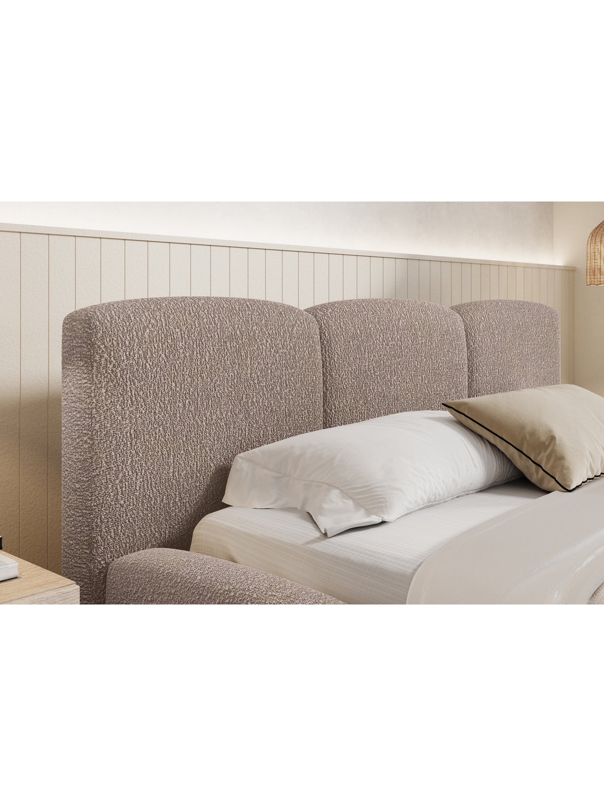 Marios 160x200 kárpitozott ágy sötét bézs boucle anyaggal, magas támlával