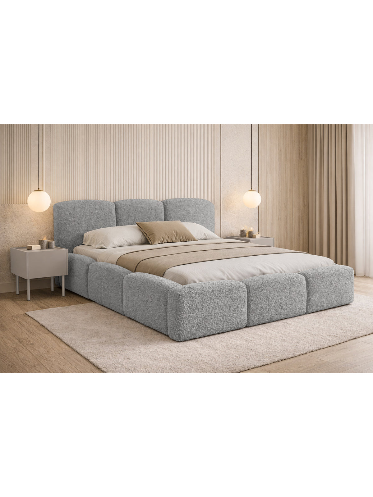 Marios 180x200 kárpitozott ágy szürke boucle anyaggal, tárolódobozzal, elölnézet